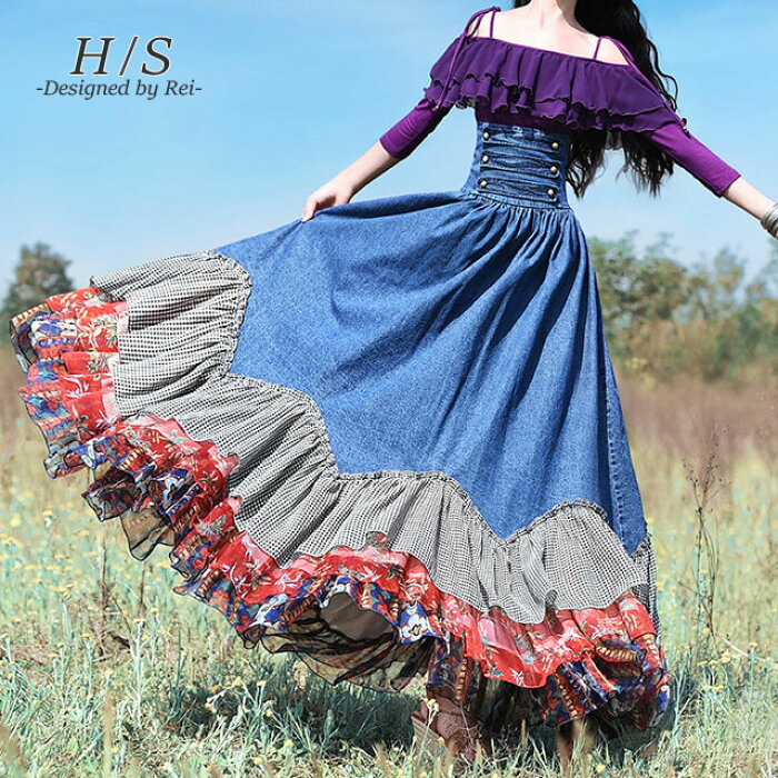 楽天市場 あす楽 スカート デニムスカート ロングスカート フリル