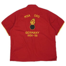 MSA ORD 超珍品 50s 50年代 スーベニアシャツ チェーンステッチ 刺繍 オープンカラー 開襟 米軍 アメリカ軍 ミリタリー 刺繍 USA ヴィンテージ 古着 メンズ シャツ レッド / 赤 L相当【中古】