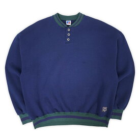 ラッセル RUSSELL 90s 90年代 リブライン ヘンリーネック スウェット MADE IN USA アメリカ製 ヴィンテージ 古着 無地 ブランク 珍品 旧タグ メンズ トレーナー ネイビー グリーン XXL【中古】