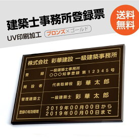 建築士事務所登録票【ブロンズxゴールド】 W50cm×H35cm 選べる4書体 4枠 UV印刷 ゴールドステンレス仕樣 撥水加工 錆びない 看板 法定サイズクリア 宅地 建物 取引業者 金看板 宅建 標識 事務所用 jms-brz-gold-blk