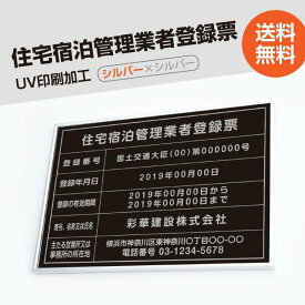 住宅宿泊管理業者登録票【シルバーxシルバー】 W50cm×H35cm 選べる4書体 4枠 UV印刷 ゴールドステンレス仕樣 撥水加工 錆びない 看板 法定サイズクリア 宅地 建物 取引業者 金看板 宅建 標識 事務所用 jutaku-sil-sil-blk