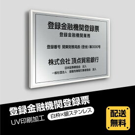 登録金融機関登録票 520mm×370mm 【白枠x銀ステンレス】選べる書体 枠4種 UV印刷 ■送料無料 ステンレス 撥水加工 錆びない 看板 法定サイズクリア 宅地 建物 取引業者 金看板 宅建 標識 事務所用 安価でおしゃれな許可票看板 事務所看板 短納期 trkky-sil-white