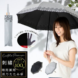 日傘 折りたたみ 完全遮光 晴雨兼用 レディース 50cm リーフ刺繍 1級遮光 遮熱 遮光率100% UVカット率100%生地使用 UPF50+ 紫外線対策 熱中症対策 通勤 通学 おしゃれ 上品 おすすめ 人気 2つ折 折り畳み バンブー 竹手元 ひんやり傘 クールプラスプレミアム リーベン 0524