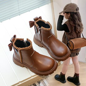 女の子 ショートブーツ キッズ ブーツ 女児 靴 秋冬 ふわふわ 裏起毛 暖かい 可愛い リボン デザイン 滑りにくい ゴム底 柔らかい 履きやすい サイドジッパー 子どもブーツ ガールズ おしゃれ 通学 通園 お出かけ カジュアル 高見え 軽量 快適 歩きやすい 防寒