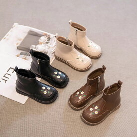 キッズ 本革 ショートブーツ 女の子 マーティンブーツ 裏起毛 防寒 滑り止め 柔らかい 牛革 アンクルブーツ 冬 暖かい 中筒 スノーブーツ 快適 歩きやすい 幼児 小学生 通園 通学 おしゃれ 可愛い 花柄 刺繍 サイドジッパー 履きやすい カジュアル 秋冬 韓国風 きれいめ