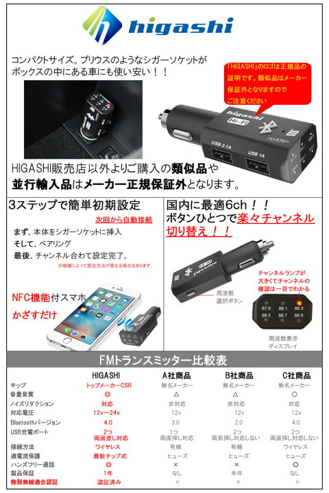 楽天市場 Fmトランスミッター Bluetooth 高音質 車載 ウォークマン Ipod Iphone7 Iphone8 ブルートゥース 低ノイズ 12v 24v ハンズフリー トランスミッター ヒガシ