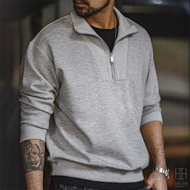 ZIPプルオーバー スウェット トレーナー メンズ 長袖 無地 ハーフジップ 大きいオーバーゆったり スタンドカラー 襟付き プルオーバーパーカー