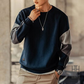 トレーナー メンズ 長袖 バックプリント 切り替え 配色 スウェット 大きいサイズ おしゃれ プルオーバー 春 秋 冬 部屋着 ルームウェア クルーネック トップス