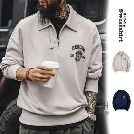 ポロ ハーフジップ スウェット メンズ 長袖 ヘビーウェイト おしゃれ 大きいサイズ Bulldog ロゴ刺繍 トレーナー 立体刺繍 カジュアル プルオーバー トップス