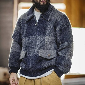 コーチジャケット ハンティングジャケット ブルゾン メンズ ウール混 バッファローチェック おしゃれ 防寒 保温 ループヤーン ニットジャケット Hunting Jacket