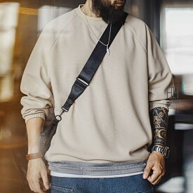 ワッフルtシャツ スウェット トレーナー メンズ 長袖 ロングT 大きいサイズ おしゃれ クルーネック カジュアル ヴィンテージ メッシュ裾 スエット 秋冬 インナー