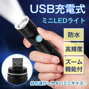アウトドアUSB充電式 ミニ 小型 LEDライト 明るい 防水 高輝度 コンパクト ズーム機能 電池交換不要 省エネ 災害 アウトドア