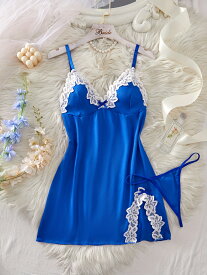 シックなVネックレーストリムスプリットヘム女性用ナイトドレス、スリップ、セクシーなスパゲッティストラップデザイン、ソリッドカラーのファッションスリープウェア