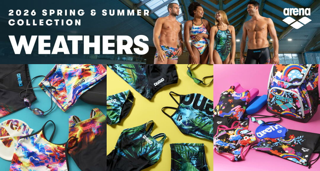 arena の2025年秋冬コレクション「WATER GALAXY ウォーターギャラクシー」。自然が持つ力強さと神秘性を「WAVES」「Birth of Water」「FUSION COLORS」の3つのテーマで表現した水着＆スイムグッズ。