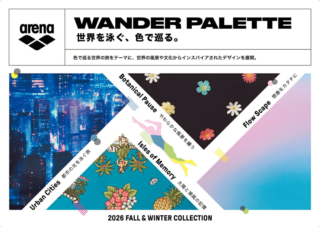 arena の2026年秋冬コレクション「WONDER PALLET」。「Flow Scape」「Isles of Memory」「Urban Cities」「Botanical Pause」の4つのテーマで表現した水着＆スイムグッズ。
