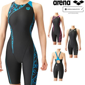 【店内商品3点以上でさらに3％OFFクーポン配布中】アリーナ ARENA 競泳水着 レディース WORLD AQUATICS承認 レーシングハーフスパッツ オープンバック オールインワン AQUA STRIPE-D 2024年春夏モデル ARN-4065W fina マーク あり