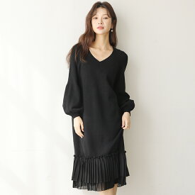 【クーポン利用で2980円】 ニットワンピース ニット ワンピース レディース 春 秋冬 vネック 長袖 パフスリーブ ブラック きれいめ 厚手 ゆったり 大きいサイズ マタニティ 裾 切り替え プリーツ ロング丈 体型カバー 上品 20代 30代 40代 50代