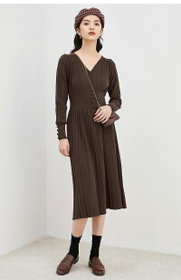 ニットワンピースニットワンピースレディース秋冬カシュクールプリーツvネックハイウエストスリム長袖厚手ボタン膝下丈マキシ丈ロング丈ロングワンピースプリーツワンピースきれいめAライン無地体型カバー送料無料