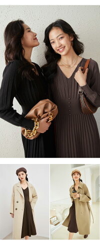 ニットワンピースニットワンピースレディース秋冬カシュクールプリーツvネックハイウエストスリム長袖厚手ボタン膝下丈マキシ丈ロング丈ロングワンピースプリーツワンピースきれいめAライン無地体型カバー送料無料