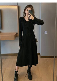 ニットワンピースニットワンピースレディース秋冬カシュクールプリーツvネックハイウエストスリム長袖厚手ボタン膝下丈マキシ丈ロング丈ロングワンピースプリーツワンピースきれいめAライン無地体型カバー送料無料