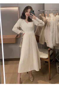 ニットワンピースニットワンピースレディース秋冬カシュクールプリーツvネックハイウエストスリム長袖厚手ボタン膝下丈マキシ丈ロング丈ロングワンピースプリーツワンピースきれいめAライン無地体型カバー送料無料