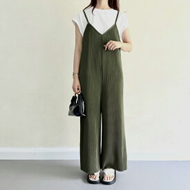 ＼楽天1位／ プリーツパンツ サロペット パンツ サロペ レディース 春 夏 秋 冬 プリーツ リブ ワイドパンツ ワイドサロペット リブパンツ ボトムス オールインワン Vネック マタニティ セルフカット フリーカット 大きいサイズ