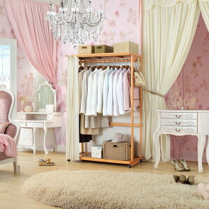 天然木製 クローゼット カーテン付き キャスター付き ワードローブ ハンガーラック コートハンガー おしゃれ 目隠し バッグや帽子等小物を収納できる便利フック 棚付き