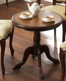 クラシック カフェテーブル ティーテーブル 手彫り仕上げレザー調 ラウンドテーブル ブラウン ロココ調 コーヒーテーブル