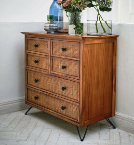 NEO ラタン チェスト 高級天然木チーク材 X 籐 ラタンを組み合わせた贅沢な箪笥 タンス たんす 引き出し6個付き収納整理棚 民芸和家具調 和風 おしゃれ