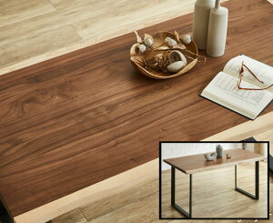 一枚板風 ダイニングテーブル ウォールナット天然木突板 スチール脚 150x80cm 耳付き なぐり加工