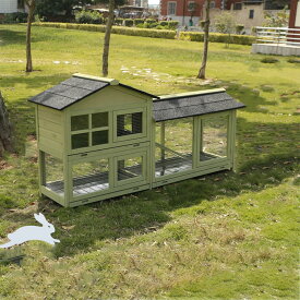 屋外用ウサギ小屋、傾斜ランとトレイ付きの2階建てウサギケージ、鶏やモルモットのペット用の大型木製ウサギ小屋(Golden brown)