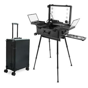 メイクボックス 鏡付き、LEDライト 化粧箱 、キャスターが4個付属しています3色光源 ミニドレッサー、プロフェッショナル3 in 1ロック可能なアルミニウムメイクアップケース、ビューティー