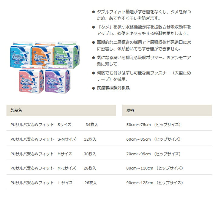 楽天市場】大人用紙おむつ 白十字 P.Uサルバ安心Wフィット長時間 