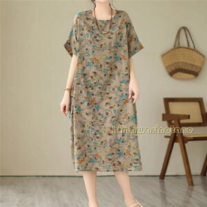 綿麻 ロングワンピース ゆったり 和風 半袖 紺色 和柄ロングワンピース 体型カバー オールインワン 夏個性的 大きいサイズ  シニアワンピース プリント リネン 綿  花柄 通気性30代40代5