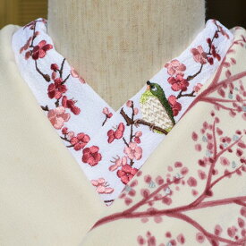 梅と鳥(メジロ)赤梅　刺繍半衿　ひめ吉オリジナルデザイン　こだわり半襟「配送について」をお読みください