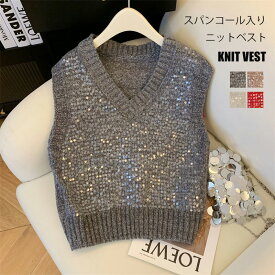ニット ベスト レディース 秋冬 ニットベスト トップス キラキラ スパンコール ラメ Vネック プルオーバー レイヤード 重ね着 ゆったり 大きいサイズ ノースリーブ 秋 冬 グレー ミックスニット 30代 40代 50代 トレンド オシャレ きれいめ 大人 カジュアル 高見え
