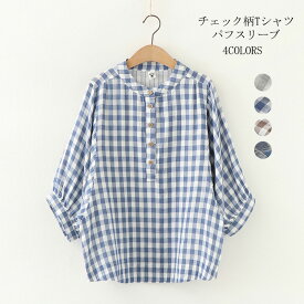 ブラウス シャツ トップス シャツブラウス レディース 夏 フレンチスリーブ ダブルガーゼ チェック柄 フレンチスリーブ コットン 綿 可愛い シンプル ゆったり 大きいサイズ Uネック 送料無料