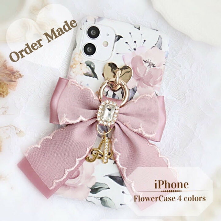 フリルシフォン イニシャル チャーム フラワーケース iphoneケース オーダーメイド iphone12 Pro ProMax X Xs  XR iphone11 iphone8 Plus iphoneSE2 ケース 韓国 シンプル おしゃれ かわいい 人気 リング スマホケース リボン  ソフト【送料無料】 Mifrill