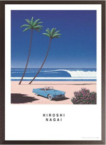 永井博作品 BLUE CAR AND THE BEACH ポスター 木製アートフレーム付 91.5×61cm