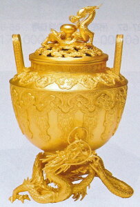 明治の秀作を復元した香炉 龍足雲龍蓋香炉 純金箔仕上 布張化粧箱付 高岡銅器