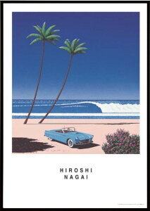 永井博作品 BLUE CAR AND THE BEACH ポスター 軽量アルミ製フィットフレーム付 91.5×61cm
