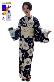 仕立上り浴衣 大きいサイズ 2L〜5L 紺地/黒字 朝顔 プラスサイズゆかた　ゆかた単品