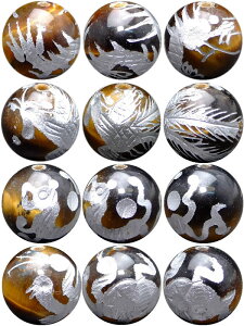 黄虎銀C12  12mm 手彫 タイガーアイ 1set(各1粒青龍・白虎・朱雀・玄武) 銀箔 銀彫 風水 四神獣 ネコポス送料無料 天然石 パワーストーン