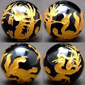 g3-498C  16mm 1粒売り 手彫四面 風水四神 四面四神 オニキス 金彫 ネコポス送料無料 天然石 パワーストーン