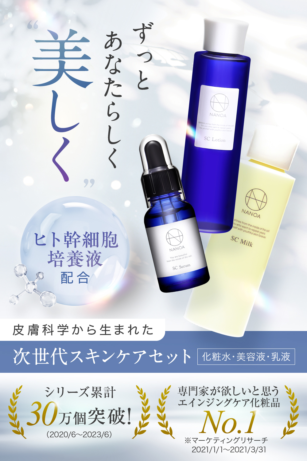 (ナノア)NANOA スキンケアセット 化粧水 美容液 乳液 医師が大注目のヒト幹細胞 EGF エイジングケア セラミド 無添加 日本製  ひらがな