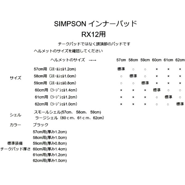6727116100 シンプソン SIMPSON インナーパッド RX12用 黒 61cm(ラージシェル1.2cm) 2616727116100 JP店