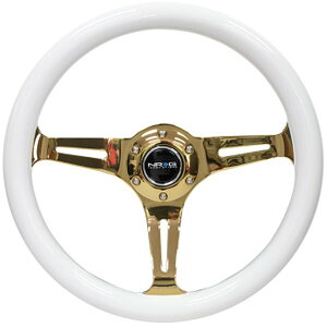 �yUSA�݌ɂ���z NRG Classic Wood Grain �X�e�A�����O�z�C�[�� (350mm) �z���C�g Grip w/Chrome Gold 3-Spoke Center nrgST-015CG-WT JP�X