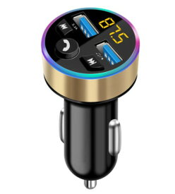 FMトランスミッター Bluetooth5.0 USB2ポート カーチャージャー 《ゴールド》 音楽再生 電圧計 シガーソケット スマホ 合計3.1A 急速充電 車載[定形外郵便、送料無料、代引不可]