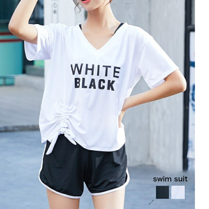 楽天市場 水着 タンキニ レディース トップス カジュアル 夏 高校生 中学生 10代 代 ビキニ スポーティー Tシャツ 3点セット 体型カバー ホワイト ブラック ゆったり かわいい セクシー 白 黒 リボン Hiromare