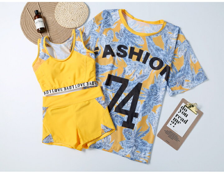 楽天市場 水着 高校生 中学生 ビキニ おしゃれ 学生 10代 代 30代 体型カバー 大きいサイズ 韓国 タンキニ かわいい 夏 ビーチ プール フェス ラッシュガード 授業 ママ水着 おしゃれ スポーティー Tシャツ 3点セット イエロー グリーン ゆったり セクシー Hiromare